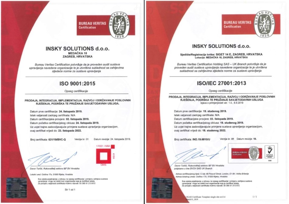 InSky postao nositelj dva ISO certifikata